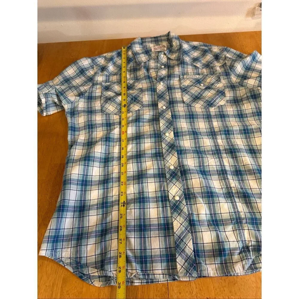 True Religion Men’s XL Blue Plaid Western Pearl Snap Shirt Short Sleeve Button U
